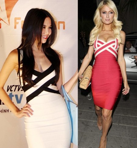 Ngọc Trinh và Paris Hilton cùng mặc một kiểu váy băng Herve Leger. Xem thêm: Váy, áo "nghìn USD" của Sao Việt: có đáng đồng tiền, bát gạo?